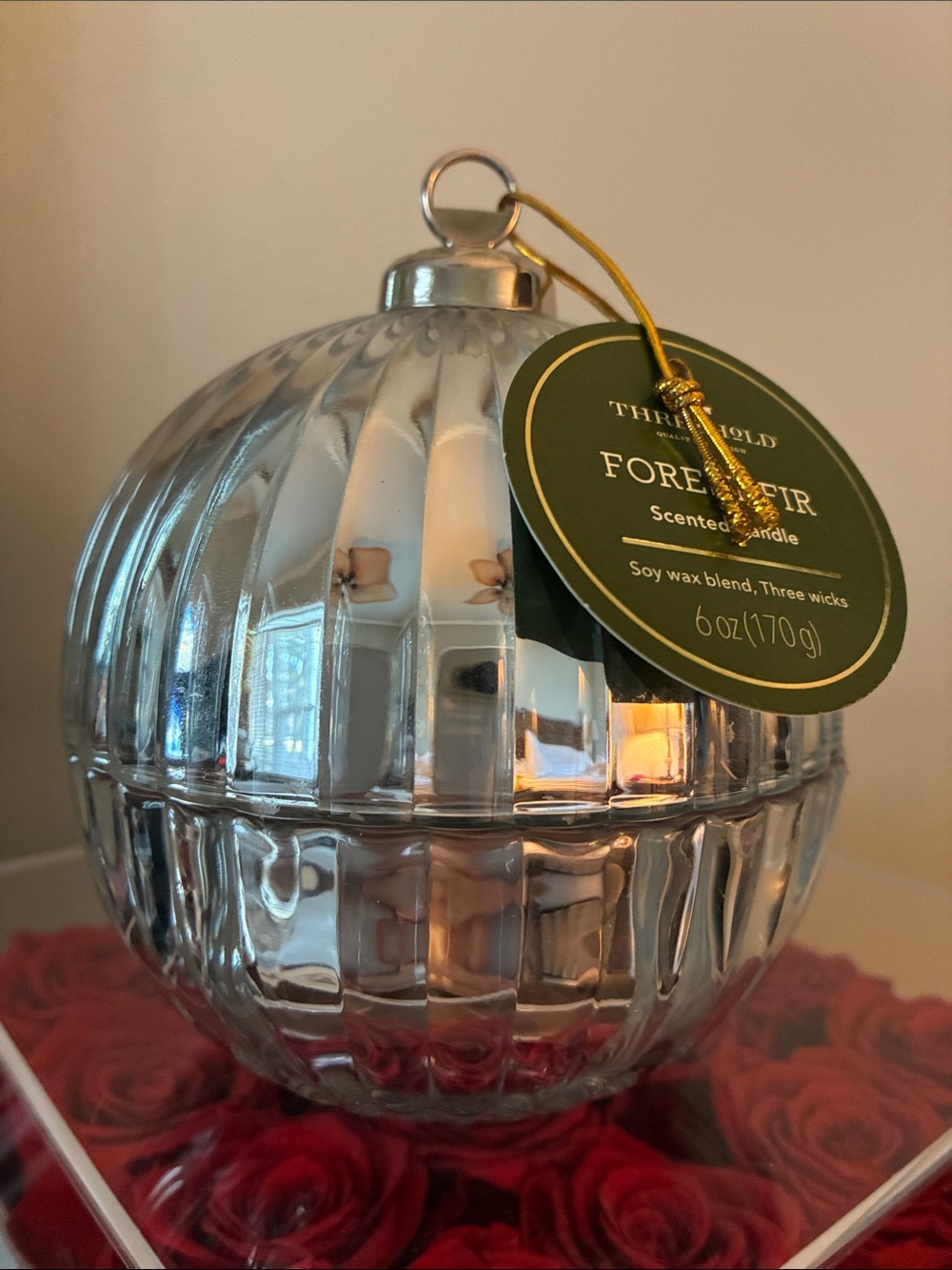 NWT - Threshold Silver Ribbed Glass Holiday Ornament Candle Scented Forest Fir